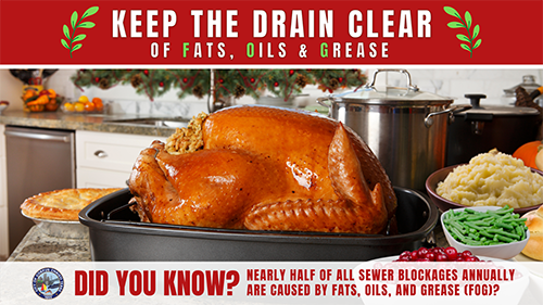 Keep the drain clear of Fats, Oil and Grease. Did you know? Nearly half of all sewer blockages annually are caused by Fats, Oil, and Grease (FOG)?