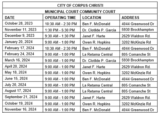 Municipal Court Schedule, linked below in PDF